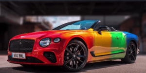 Bentley Motors automobile painted in rainbow colors