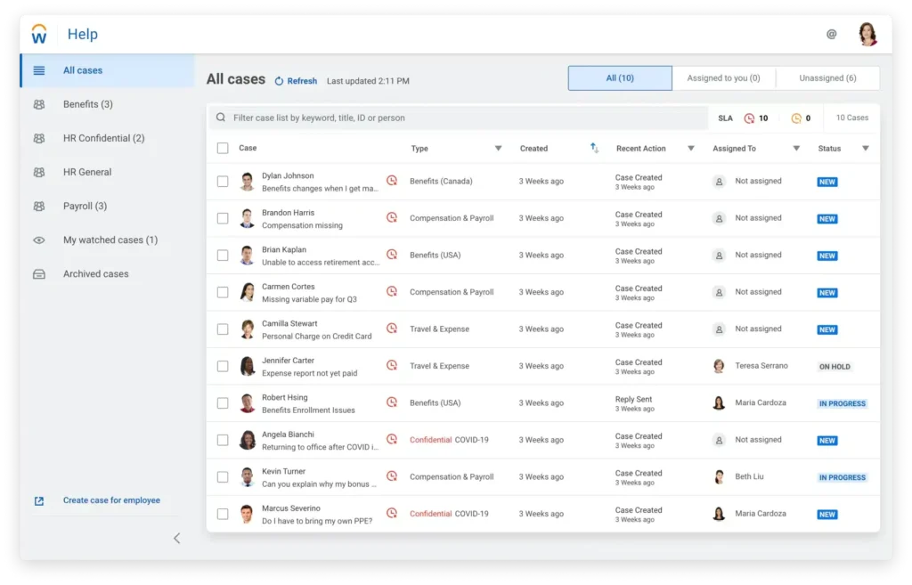Workday workforce management software user interface